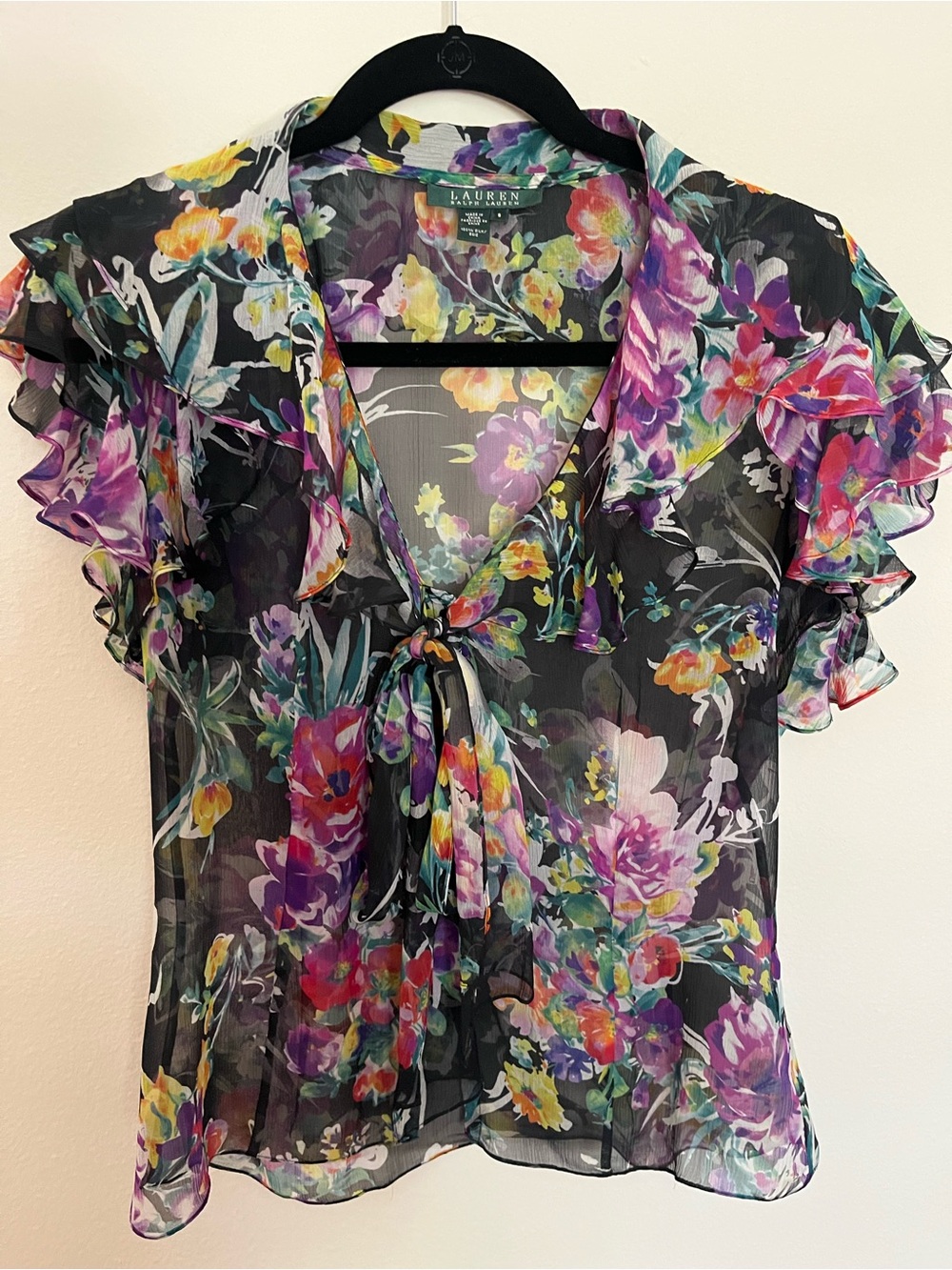 Ralph Lauren Black Sheer Floral Tie-Neck Blouse - Purple/Multicolor